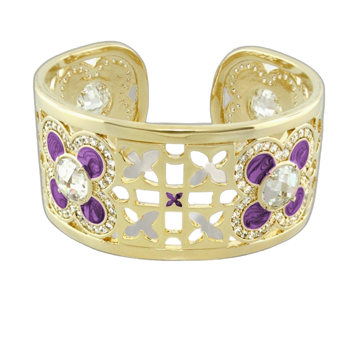 Floral Knight Cuff Bangle gold-tone bracelet with purple enamel flowers and crystals on Tampa Home & Garden Store