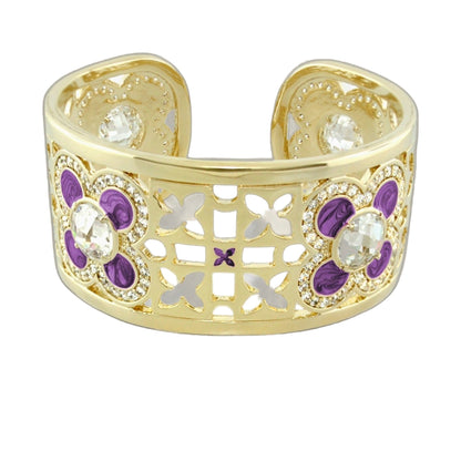 Floral Knight Cuff Bangle gold-tone bracelet with purple enamel flowers and crystals on Tampa Home & Garden Store
