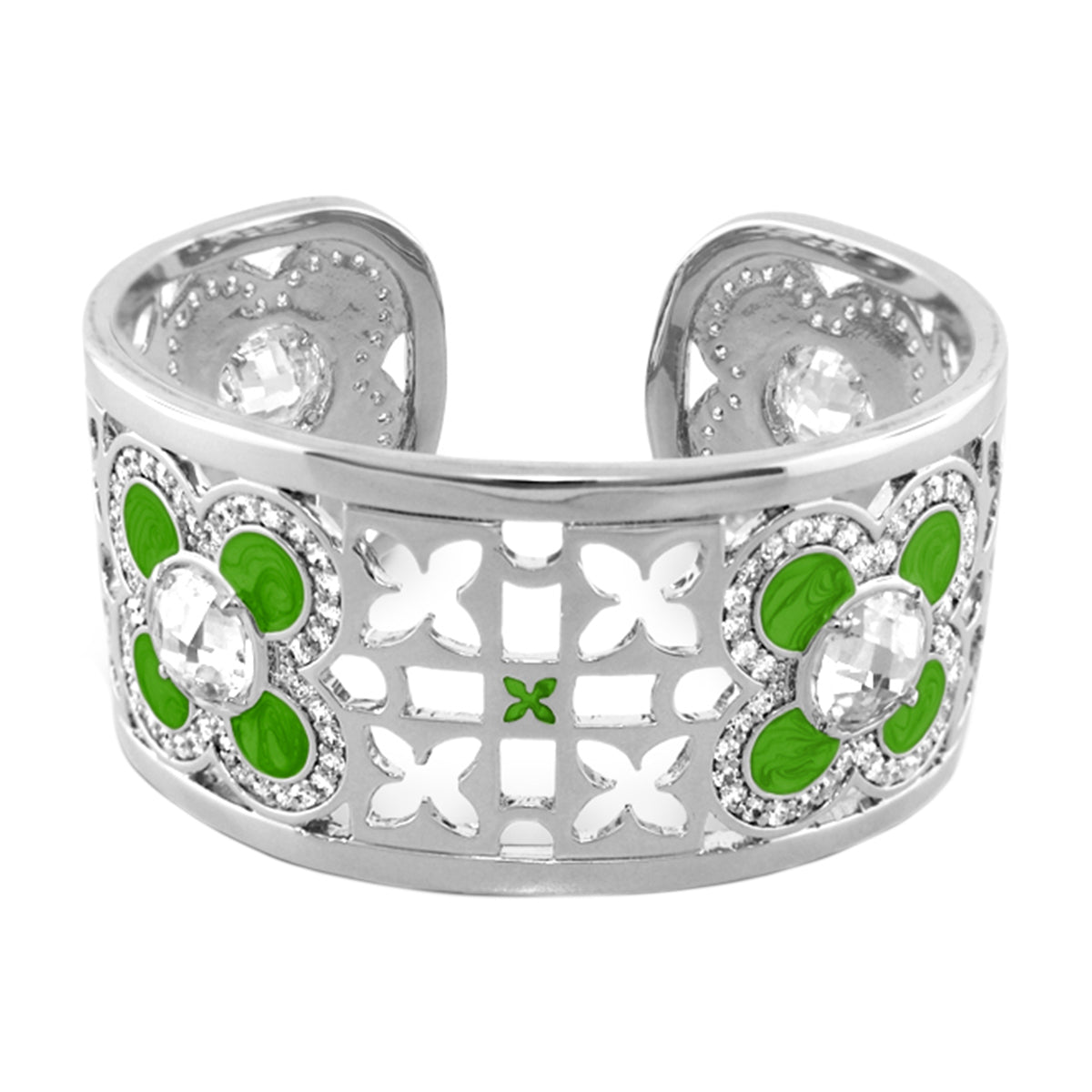 Floral Knight cuff bracelet by Lauren G Adams, silver band, green enamel petals, crystals on Tampa Home & Garden Store