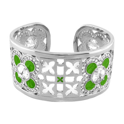 Floral Knight cuff bracelet by Lauren G Adams, silver band, green enamel petals, crystals on Tampa Home & Garden Store