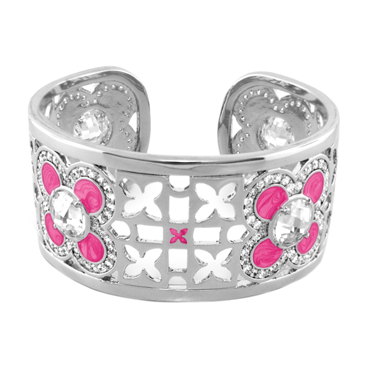 Floral Knight Cuff Bangle, silver-tone bracelet with enamel flowers and crystals on lattice band on Tampa Home & Garden Store