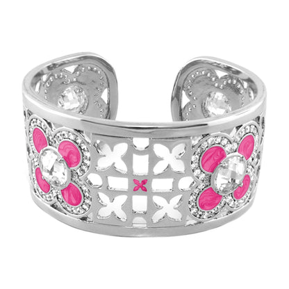 Floral Knight Cuff Bangle, silver-tone bracelet with enamel flowers and crystals on lattice band on Tampa Home & Garden Store
