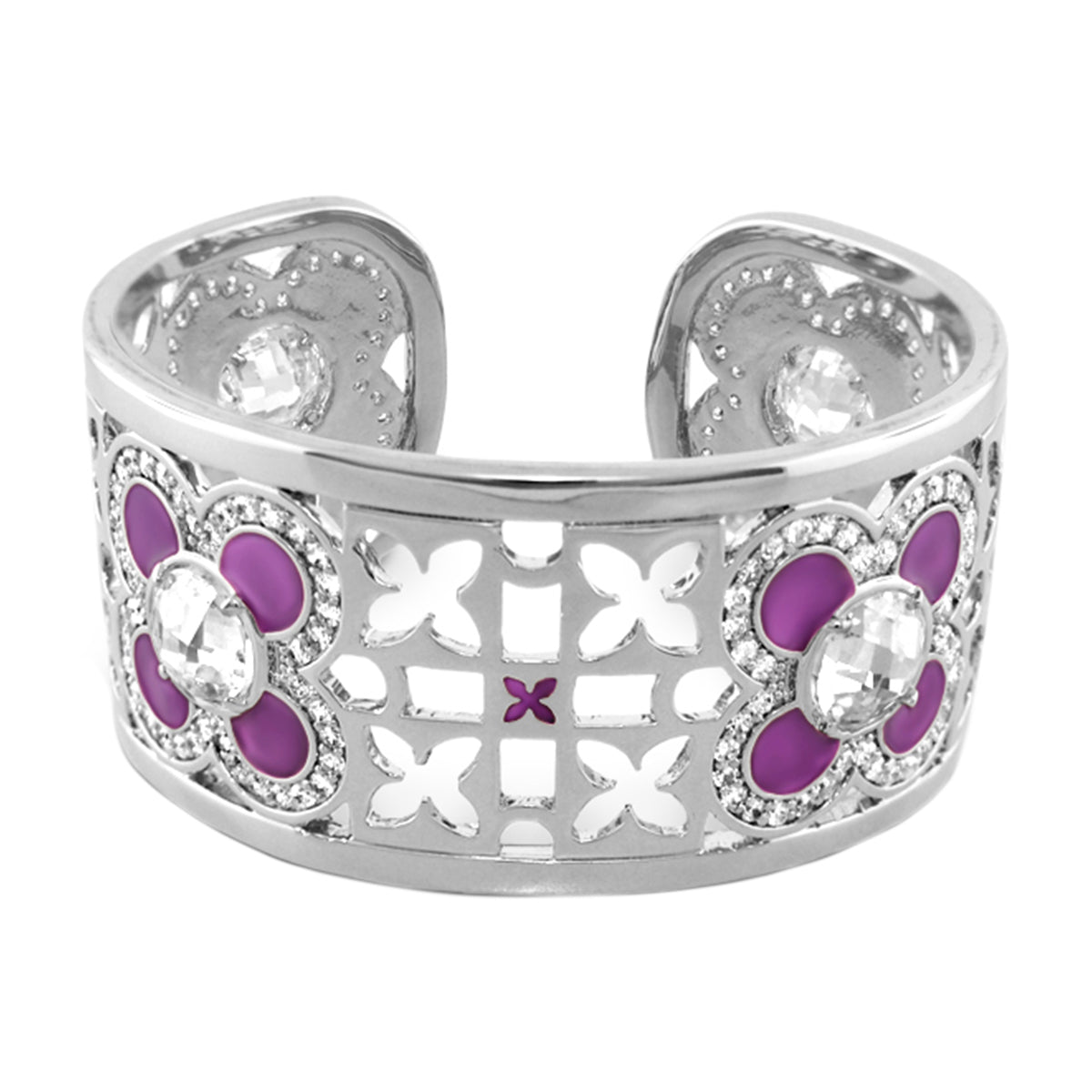 Floral Knight Cuff by Lauren G Adams, silver cuff with purple enamel flowers and crystals on Tampa Home & Garden Store