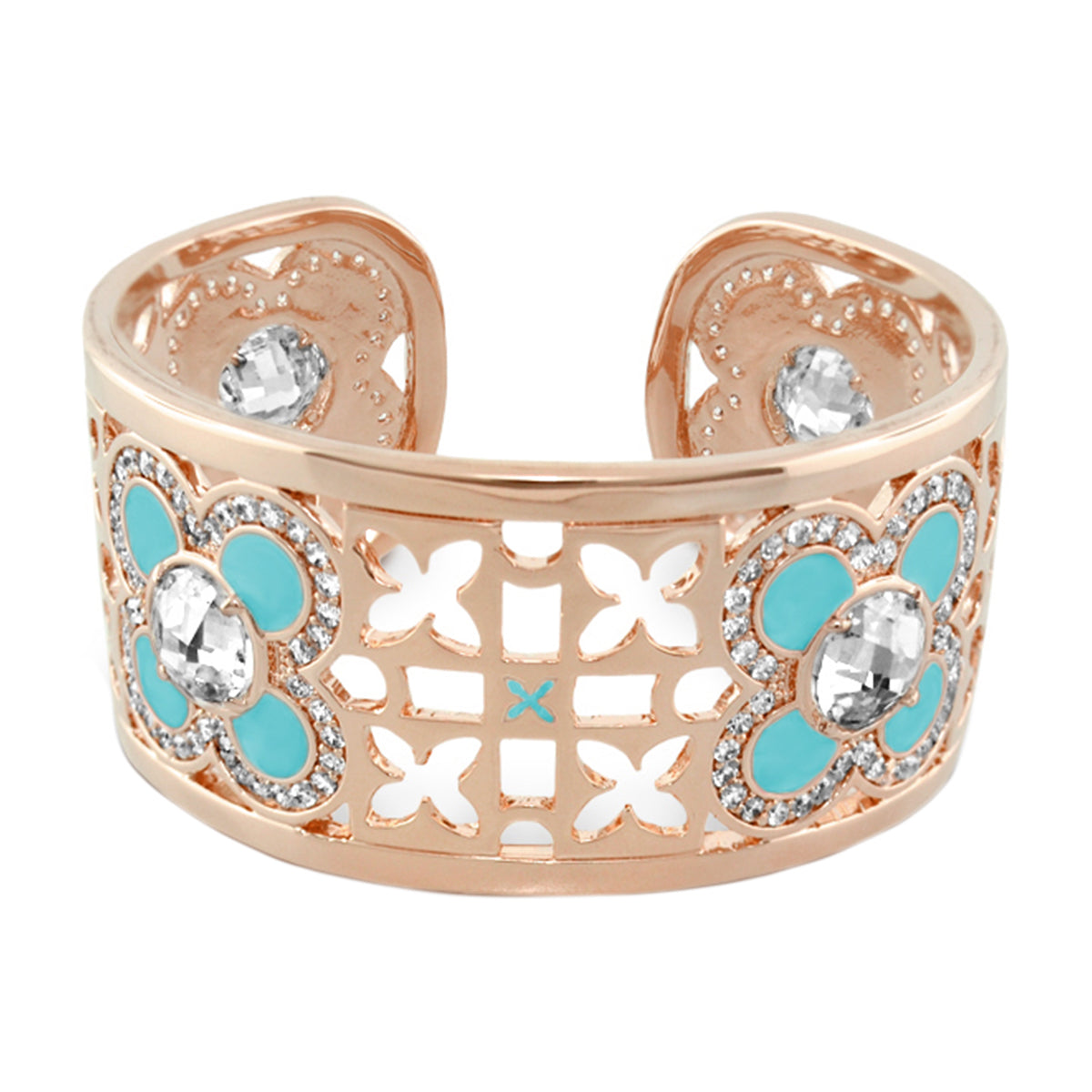 Floral Knight Cuff Bangle rose gold with turquoise enamel flowers and crystals on Tampa Home & Garden Store