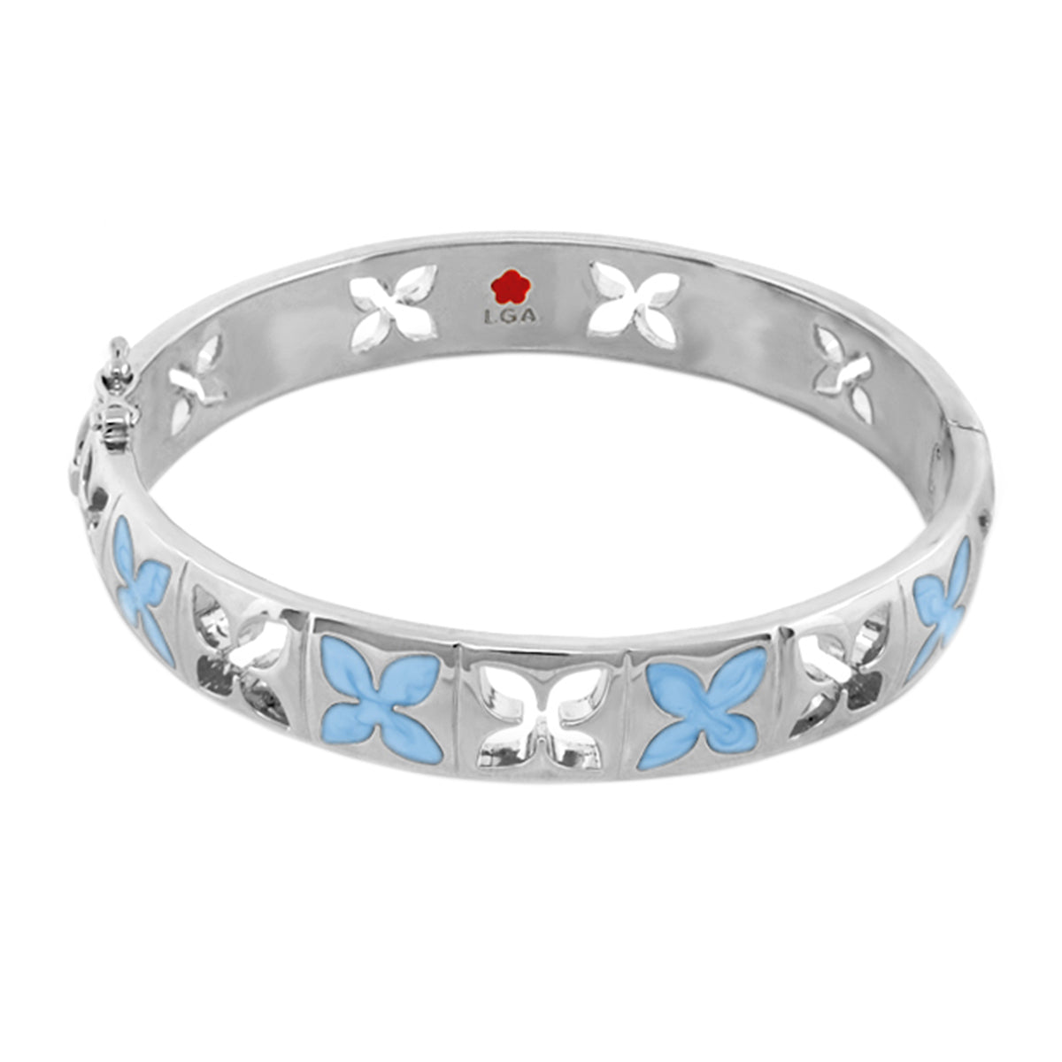 Floral Knight Stackable Bangle Petal Cutout bracelet in silver with blue butterfly enamel by LGA on Tampa Home & Garden Store
