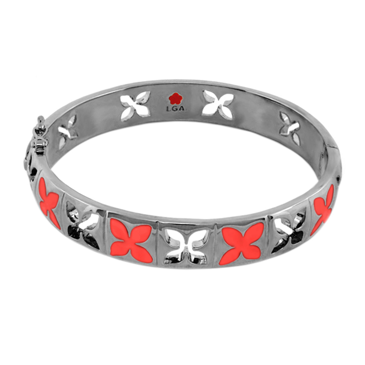 Floral Knight Stackable Bangle silver bracelet with red enamel petal cutouts; LGA branding inside on Tampa Home & Garden Store