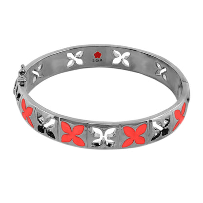 Floral Knight Stackable Bangle silver bracelet with red enamel petal cutouts; LGA branding inside on Tampa Home & Garden Store