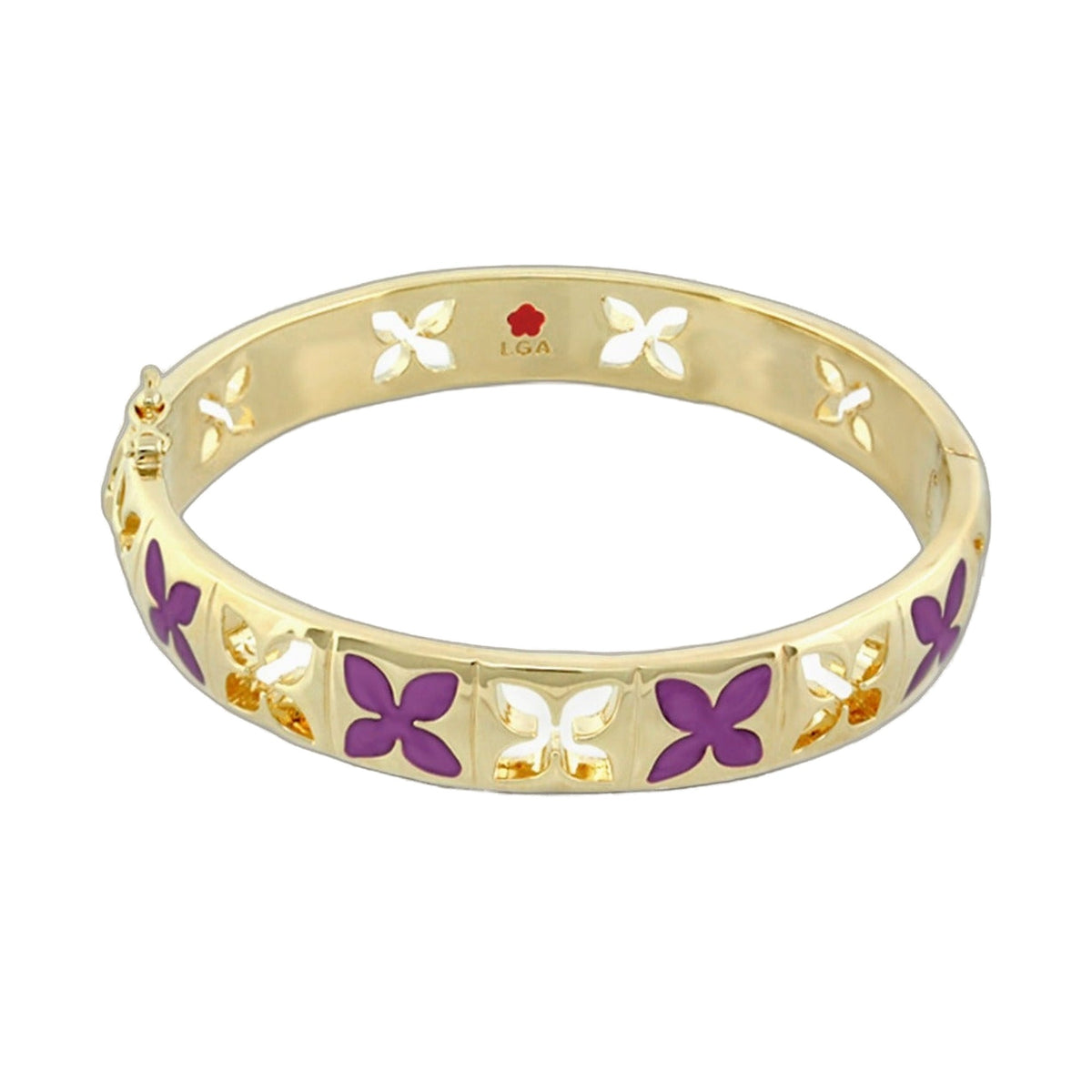 Floral Knight Stackable Bangle gold tone with wide petal cutouts and purple enamel petals LGA on Tampa Home & Garden Store
