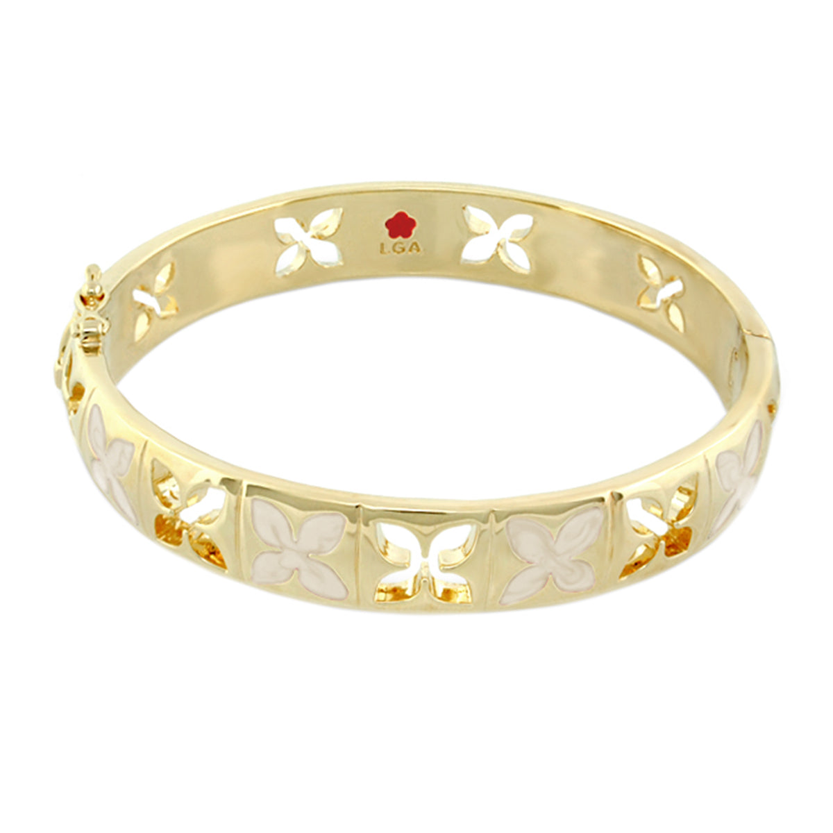 Gold-tone Floral Knight stackable bangle with wide petal cutouts, LGA stamped bracelet on Tampa Home & Garden Store