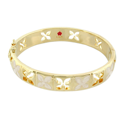 Gold-tone Floral Knight stackable bangle with wide petal cutouts, LGA stamped bracelet on Tampa Home & Garden Store