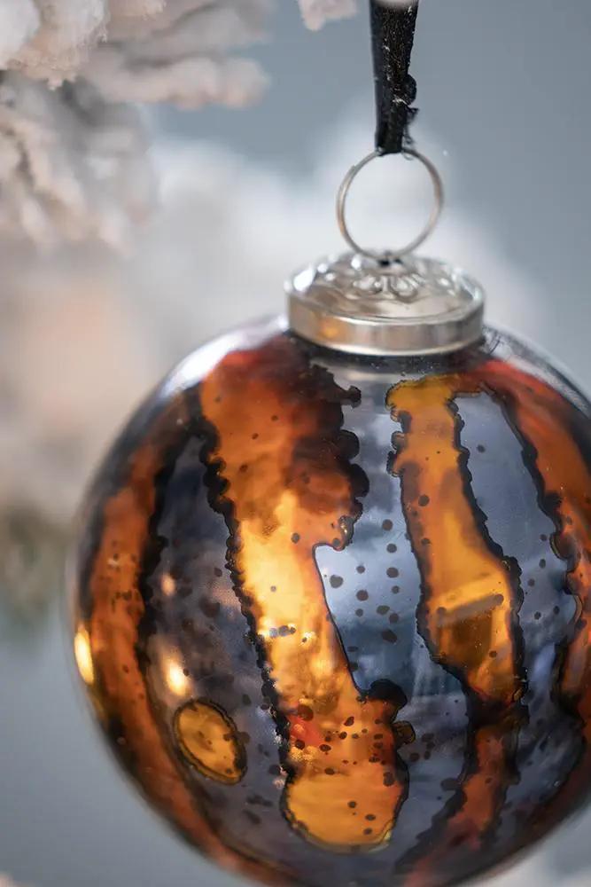 Christmas ball ornament with copper-orange and blue-silver stripes, glass hanging decor on Tampa Home & Garden Store