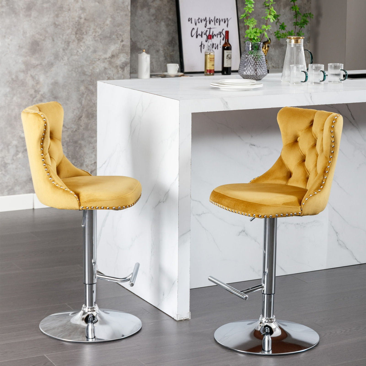 Swivel barstools Set of 2 mustard velvet with tufted backs chrome pedestals HouseOfZazla on Tampa Home & Garden Store