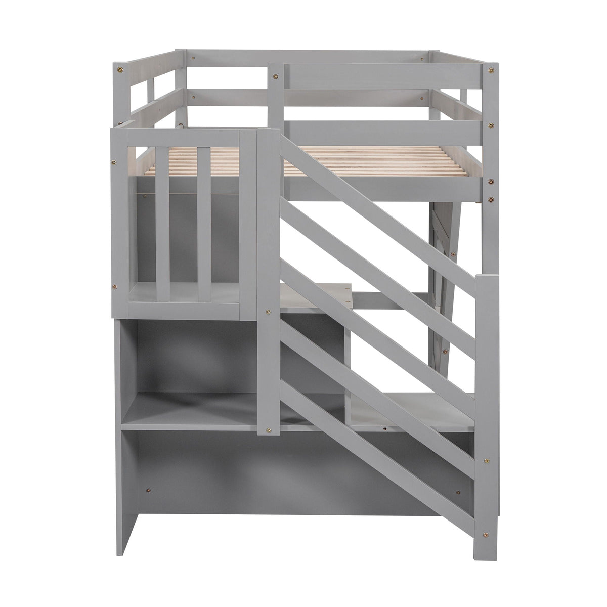 HouseOfZazla loft bed with storage staircase, grey wood frame with slatted base on Tampa Home & Garden Store