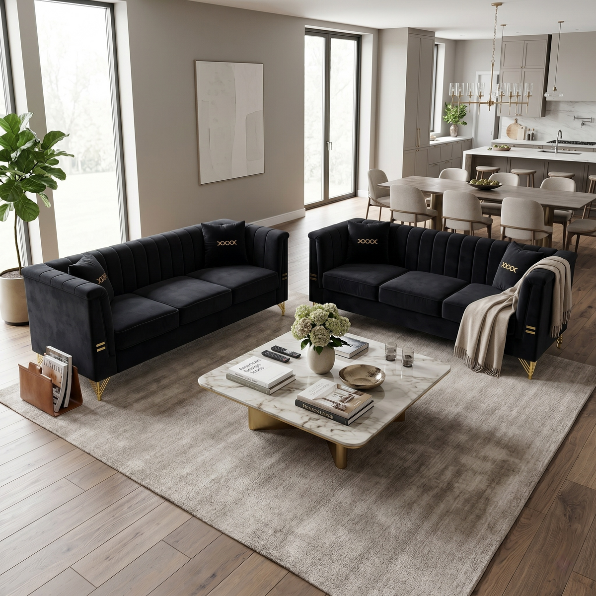 Elegant Two Piece Velvet Sofa Set and Cushion