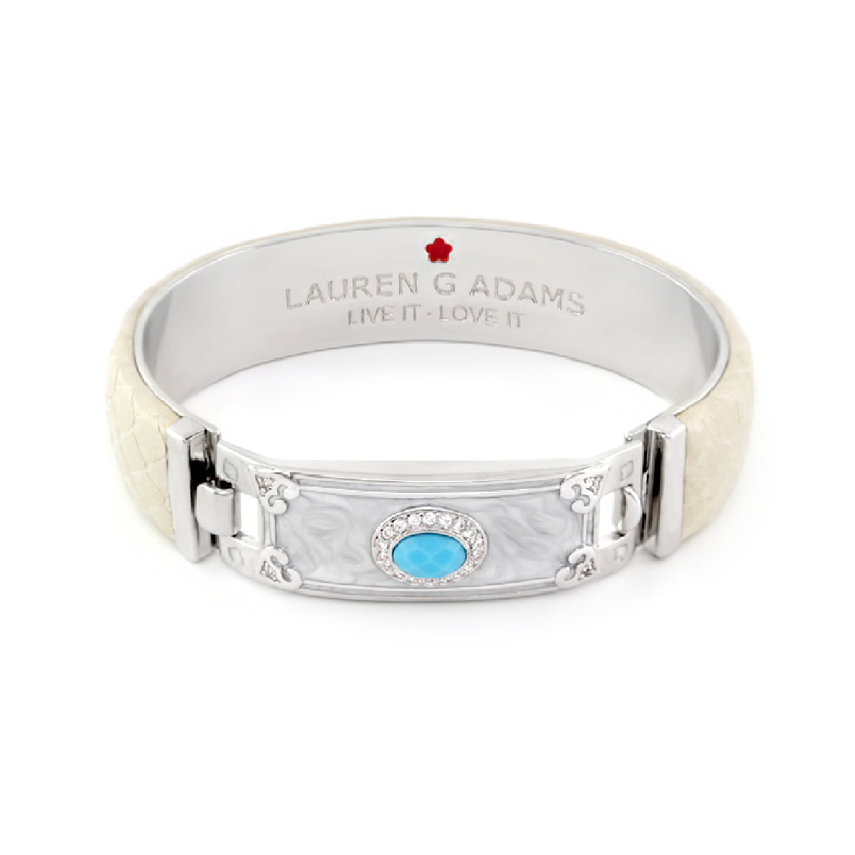 Majestic Leather hinged bangle by Lauren G Adams turquoise centerpiece and silver panel on Tampa Home & Garden Store
