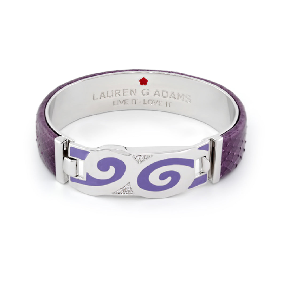 Hinged bangle bracelet with purple leather band and silver plate with swirls Lauren G Adams on Tampa Home & Garden Store