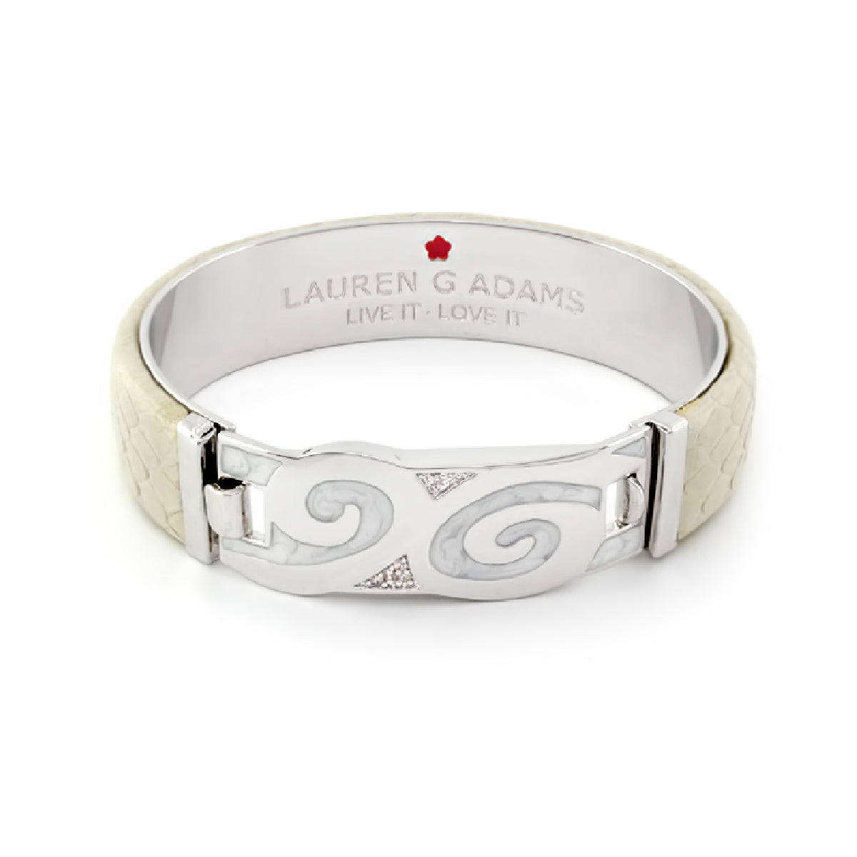 Majestic Leather hinged bangle with leather band and clasp featuring Lauren G Adams swirl on Tampa Home & Garden Store