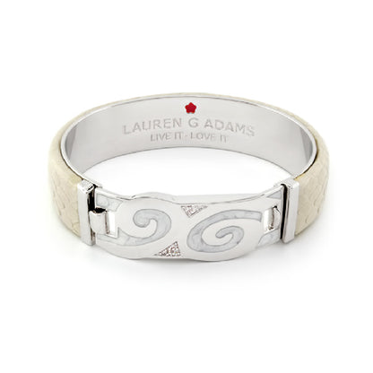 Majestic Leather hinged bangle with leather band and clasp featuring Lauren G Adams swirl on Tampa Home & Garden Store