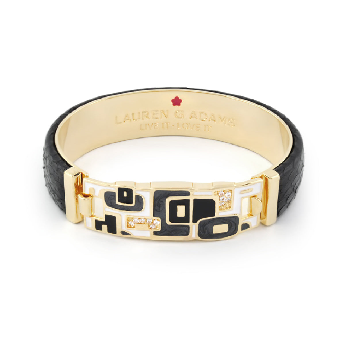 Majestic Genuine Leather hinged bangle, black leather with gold-tone geometric inlay on Tampa Home & Garden Store