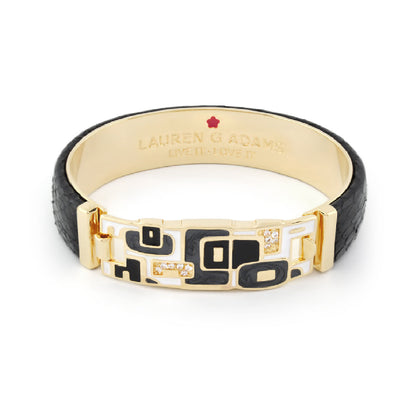 Majestic Genuine Leather hinged bangle, black leather with gold-tone geometric inlay on Tampa Home & Garden Store