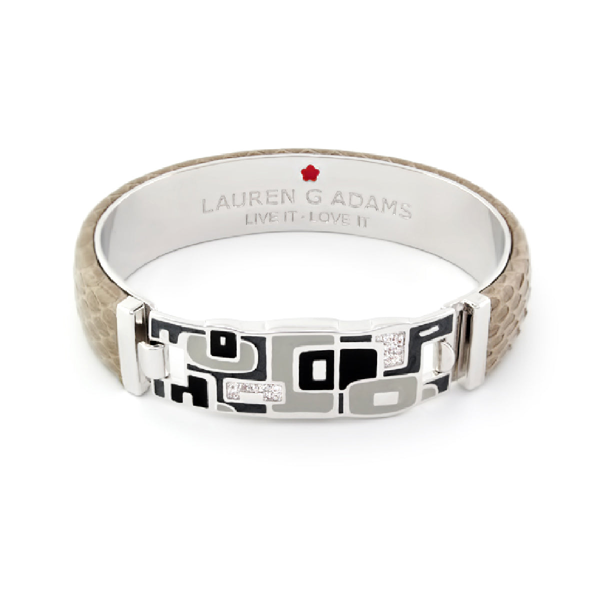 Leather Hinged Bangle by Lauren G Adams with tan band and metal inlay on Tampa Home & Garden Store