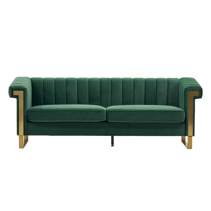 Velvet sofa FX-P81B-RG by HouseOfZazla in emerald green with gold metal accents on Tampa Home & Garden Store