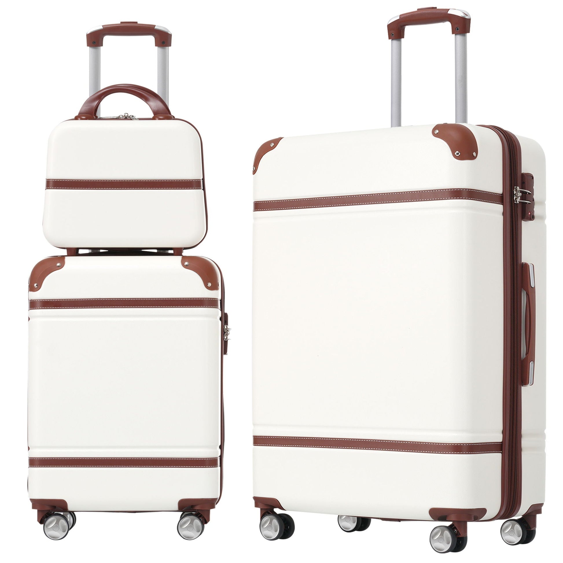 3pc white hardshell luggage set with brown leather trim, 20in & 28in suitcases by HouseOfZazla on Tampa Home & Garden Store