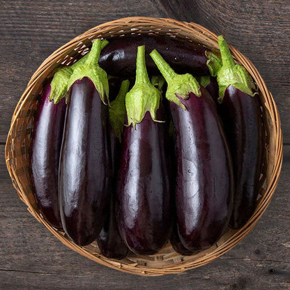 Diamond Eggplant fresh purple eggplants in a wicker basket, six fruits Seedtime Store on Tampa Home & Garden Store