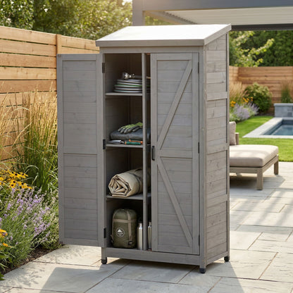 Outdoor Shed With Vertical Tool Cabinet and Shelf