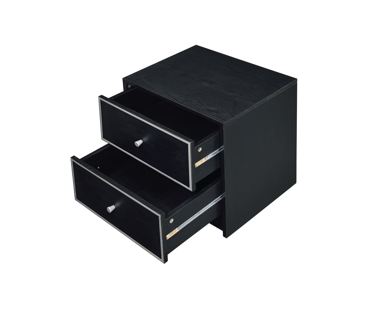 Modern black nightstand with three drawers and silver trim, top drawer partially open on Tampa Home & Garden Store