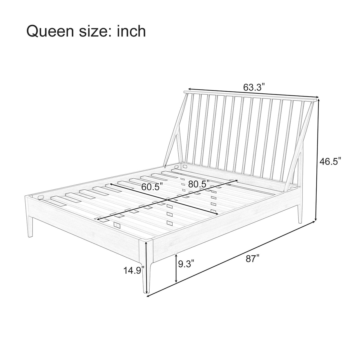 Bohemian platform bed with tall slatted headboard and wooden frame — measurement diagram on Tampa Home & Garden Store