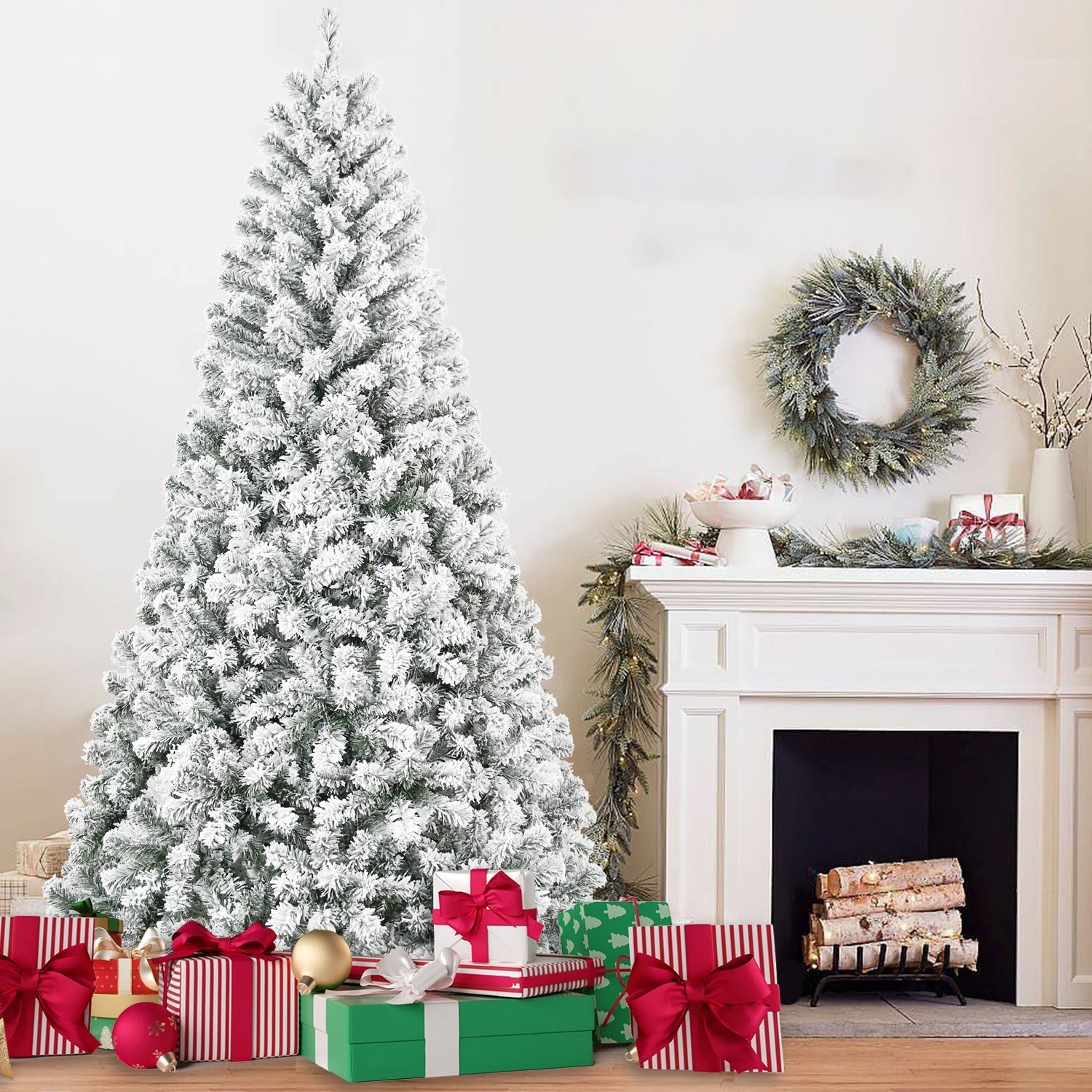 4ft flocked Christmas tree with 233 tips HouseOfZazla snowy beside mantel gifts wreath on Tampa Home & Garden Store