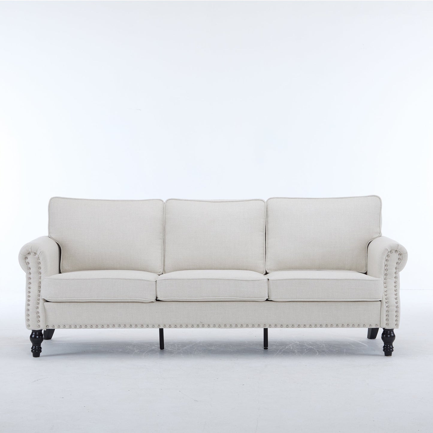 83 Inch faux leather rolled-arm sofa with nailhead trim in beige on Tampa Home & Garden Store