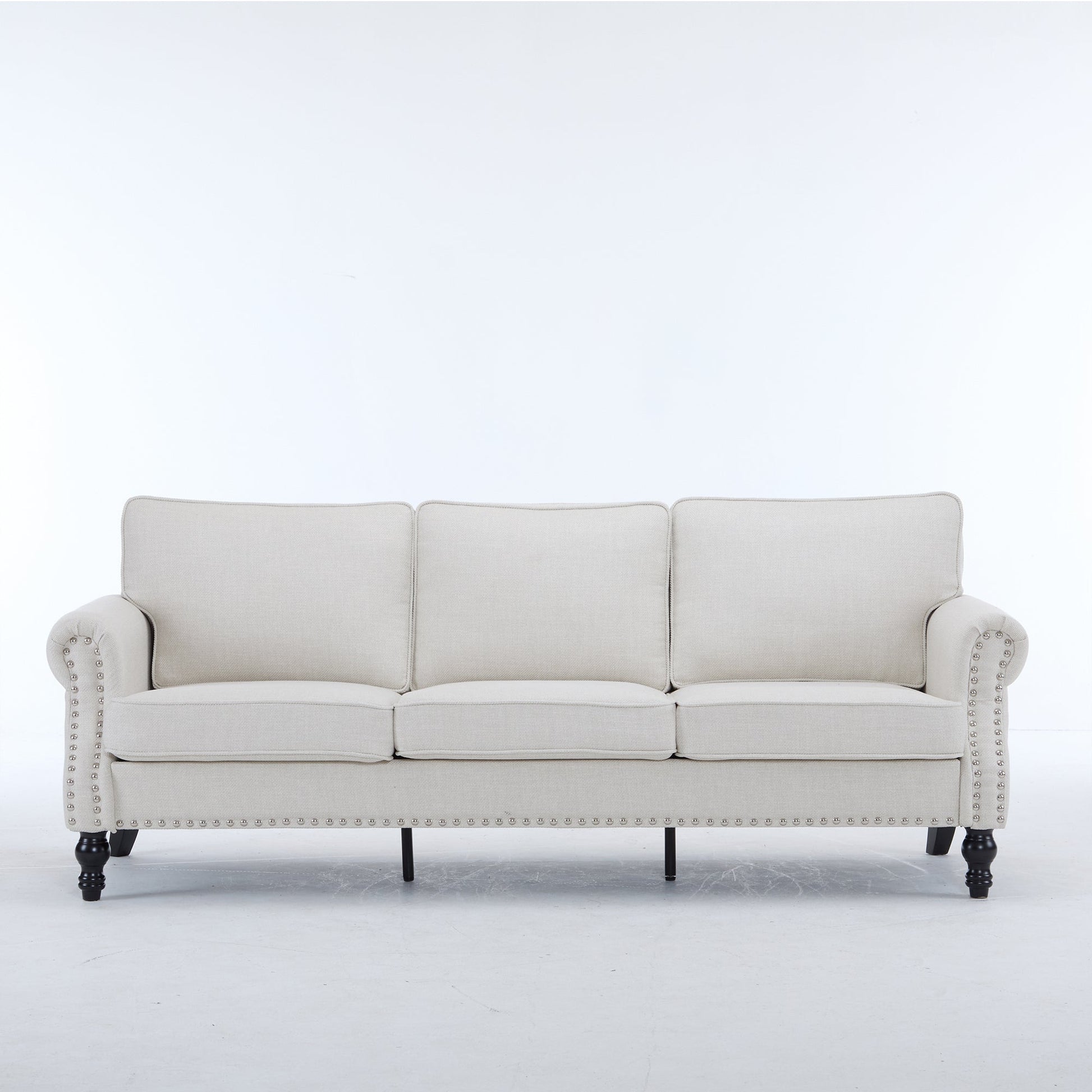 83 Inch faux leather rolled-arm sofa with nailhead trim in beige on Tampa Home & Garden Store
