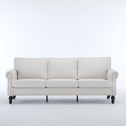 83 Inch faux leather rolled-arm sofa with nailhead trim in beige on Tampa Home & Garden Store