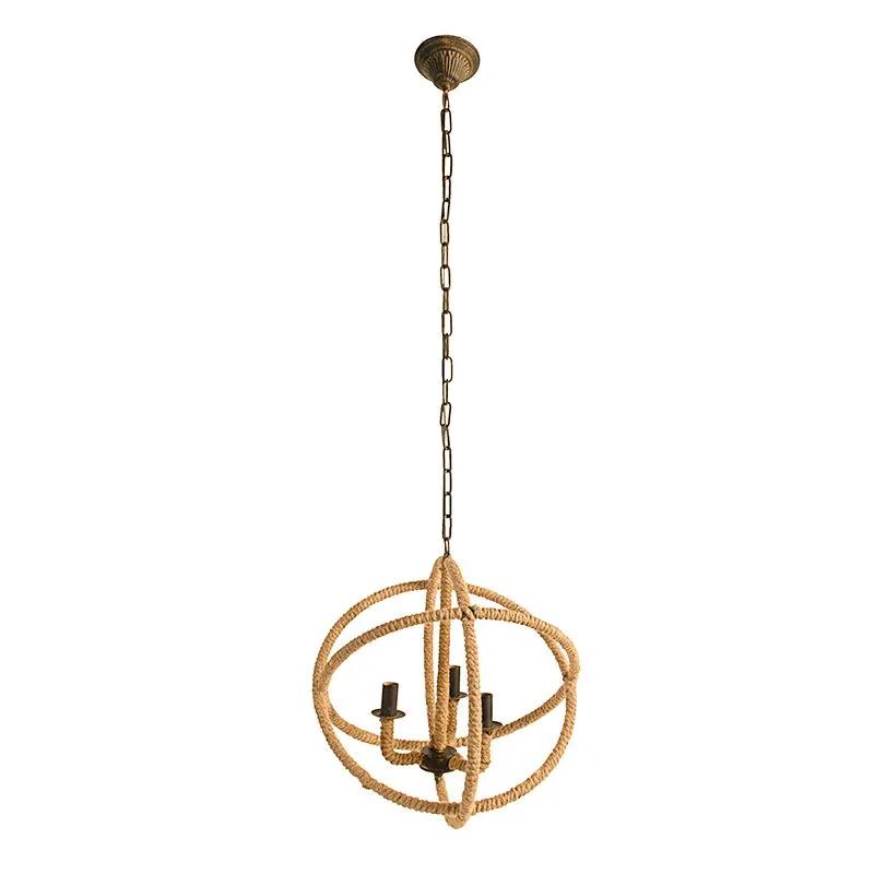 3-Light Farmhouse Rope Chandelier with globe frame beige brown finish and adjustable chain on Tampa Home & Garden Store