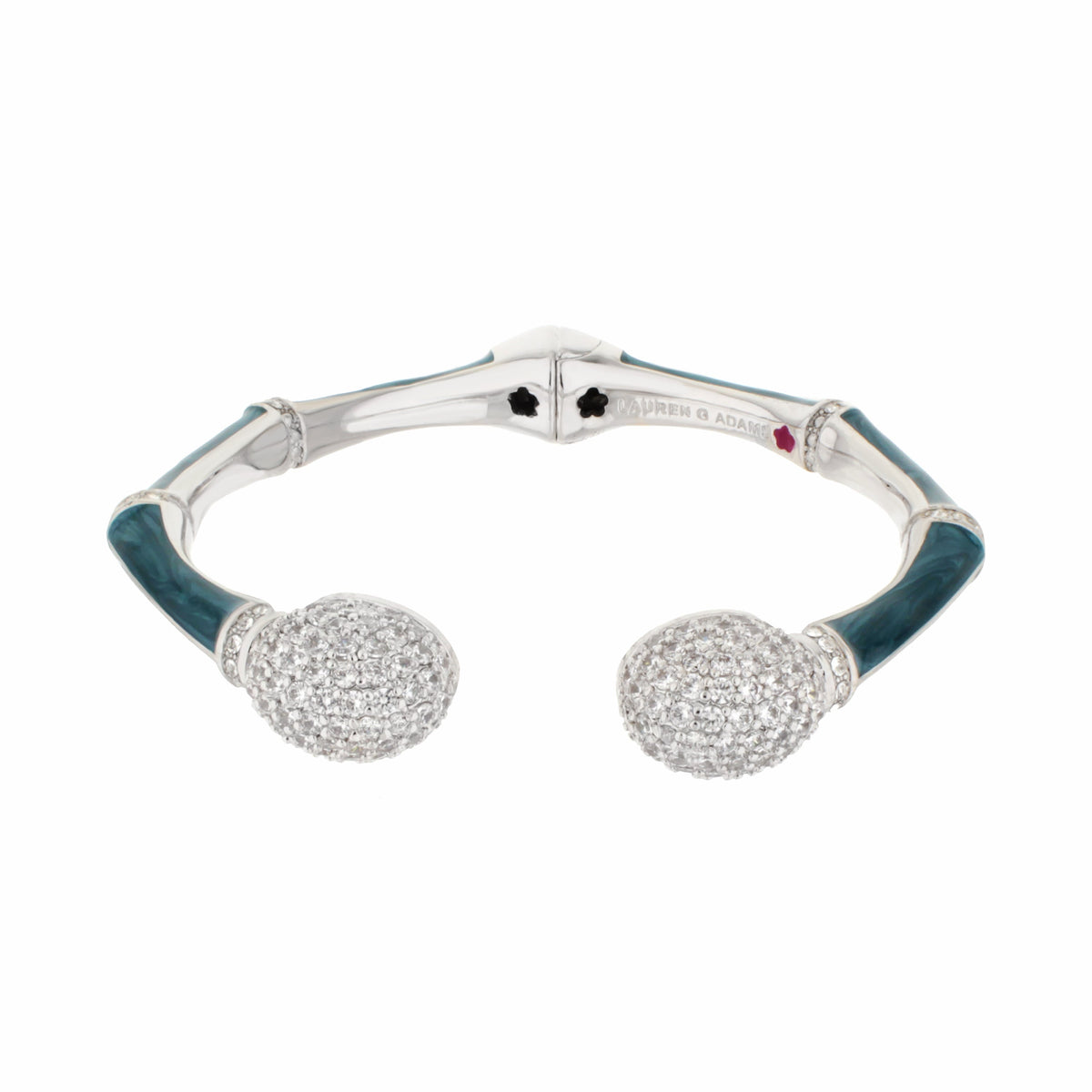 Lauren G Adams Bamboo Pave Bangle hinged silver bracelet with blue enamel and two pavé crystal spheres on Tampa Home & Garden Store