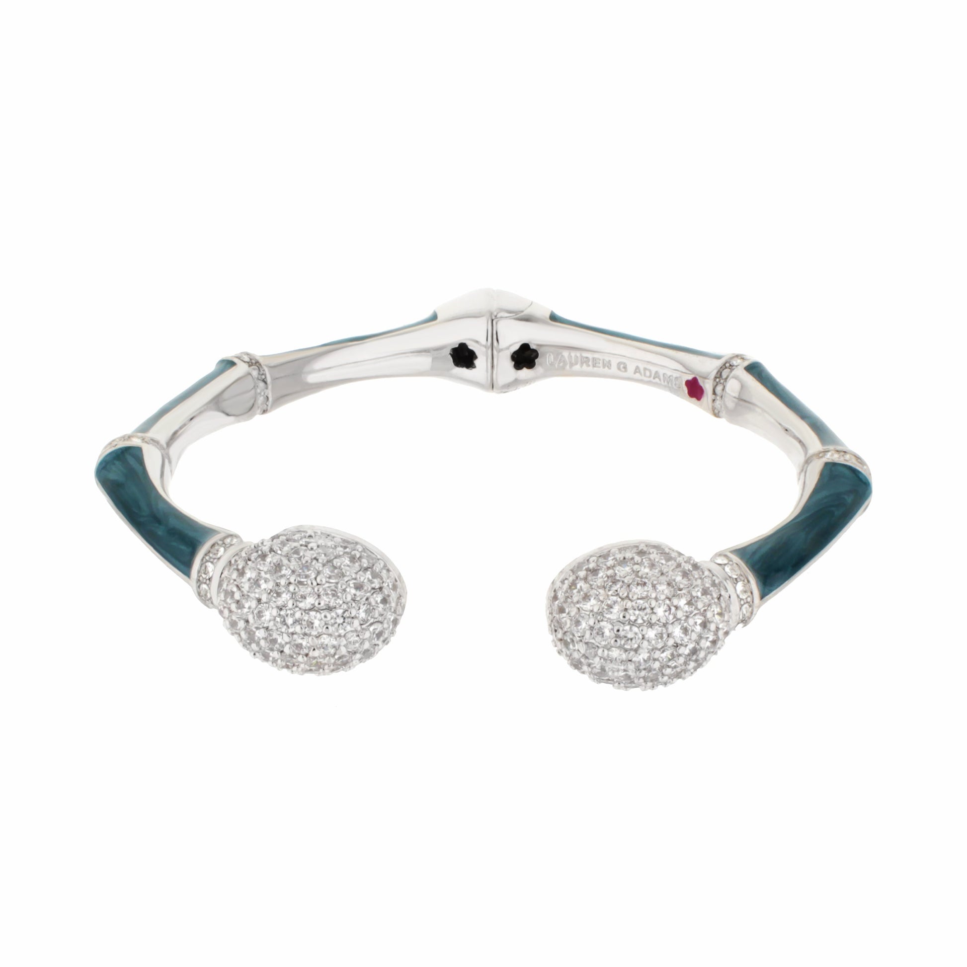 Lauren G Adams Bamboo Pave Bangle hinged silver bracelet with blue enamel and two pavé crystal spheres on Tampa Home & Garden Store