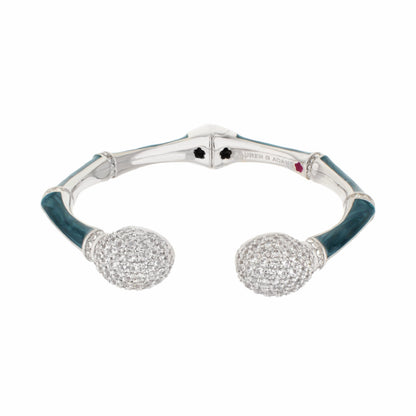 Lauren G Adams Bamboo Pave Bangle hinged silver bracelet with blue enamel and two pavé crystal spheres on Tampa Home & Garden Store