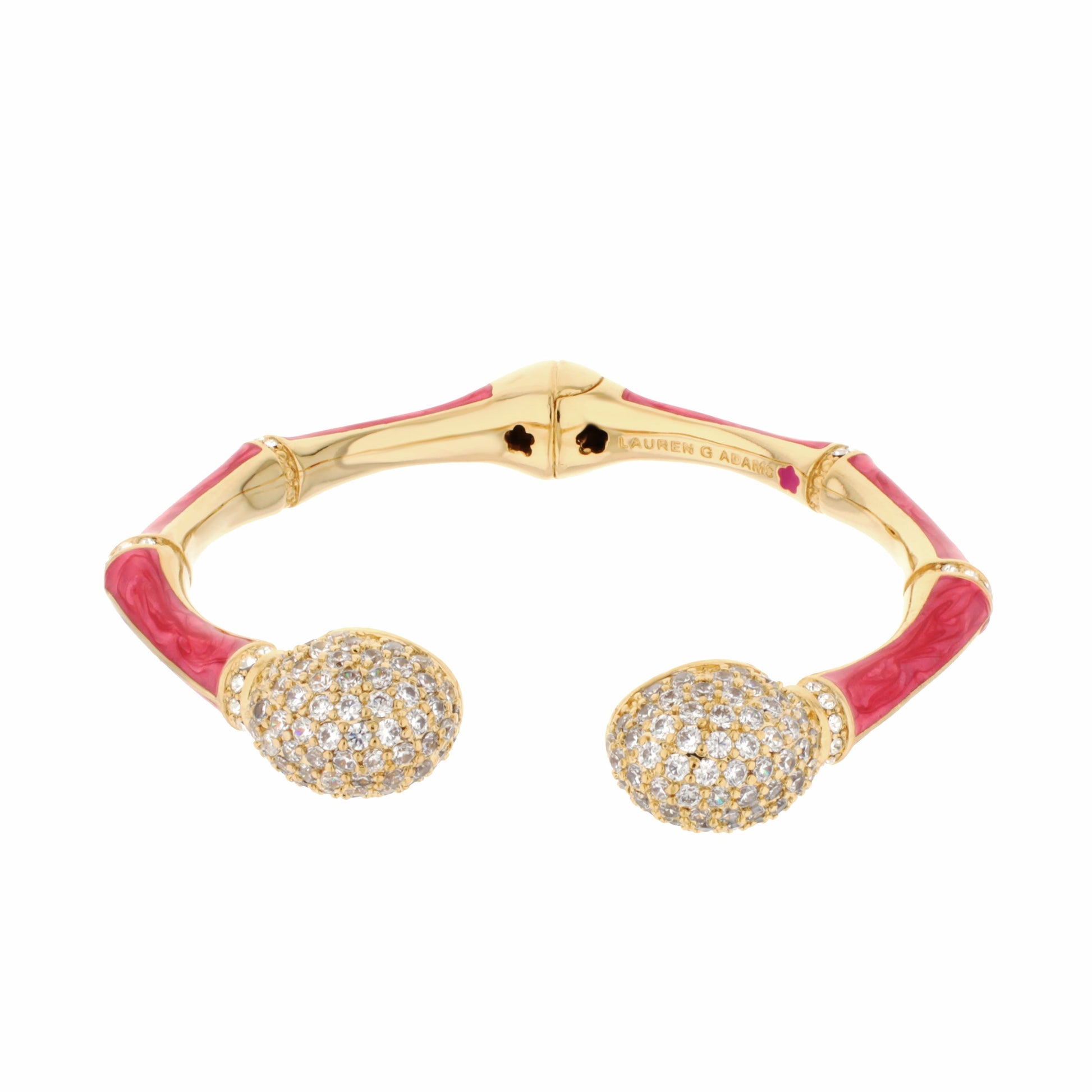Bamboo Pave Bangle hinged bracelet in gold-tone with pink enamel and crystal pave ends Lauren G Adams on Tampa Home & Garden Store