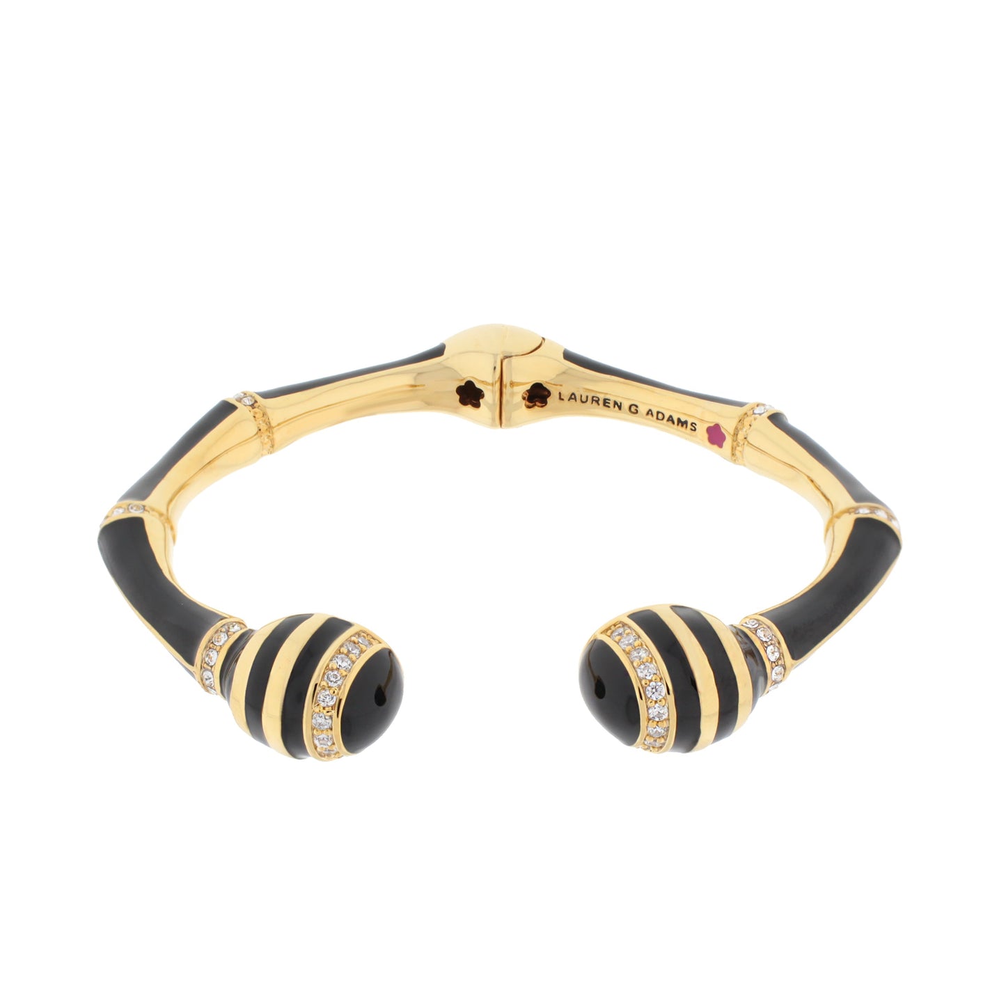 Bamboo Striped Hinged Bangle by Lauren G Adams, gold-tone with black enamel stripes and crystal on Tampa Home & Garden Store