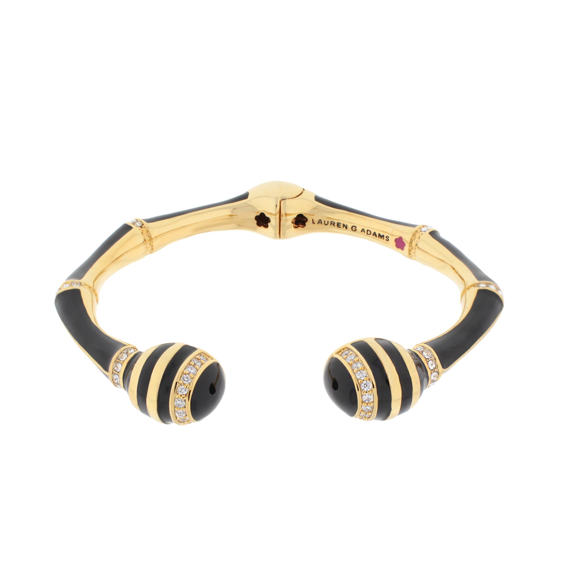 Bamboo Striped Hinged Bangle by Lauren G Adams, gold-tone with black enamel stripes and crystal on Tampa Home & Garden Store
