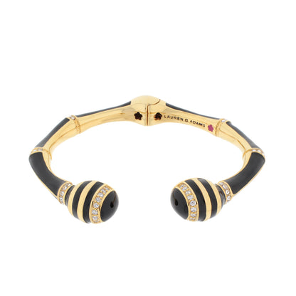 Bamboo Striped Hinged Bangle by Lauren G Adams, gold-tone with black enamel stripes and crystal on Tampa Home & Garden Store