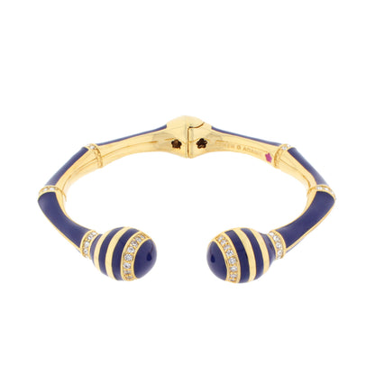 Bamboo Striped Hinged Bangle in blue enamel with gold tone and crystal accents by Lauren G Adams on Tampa Home & Garden Store