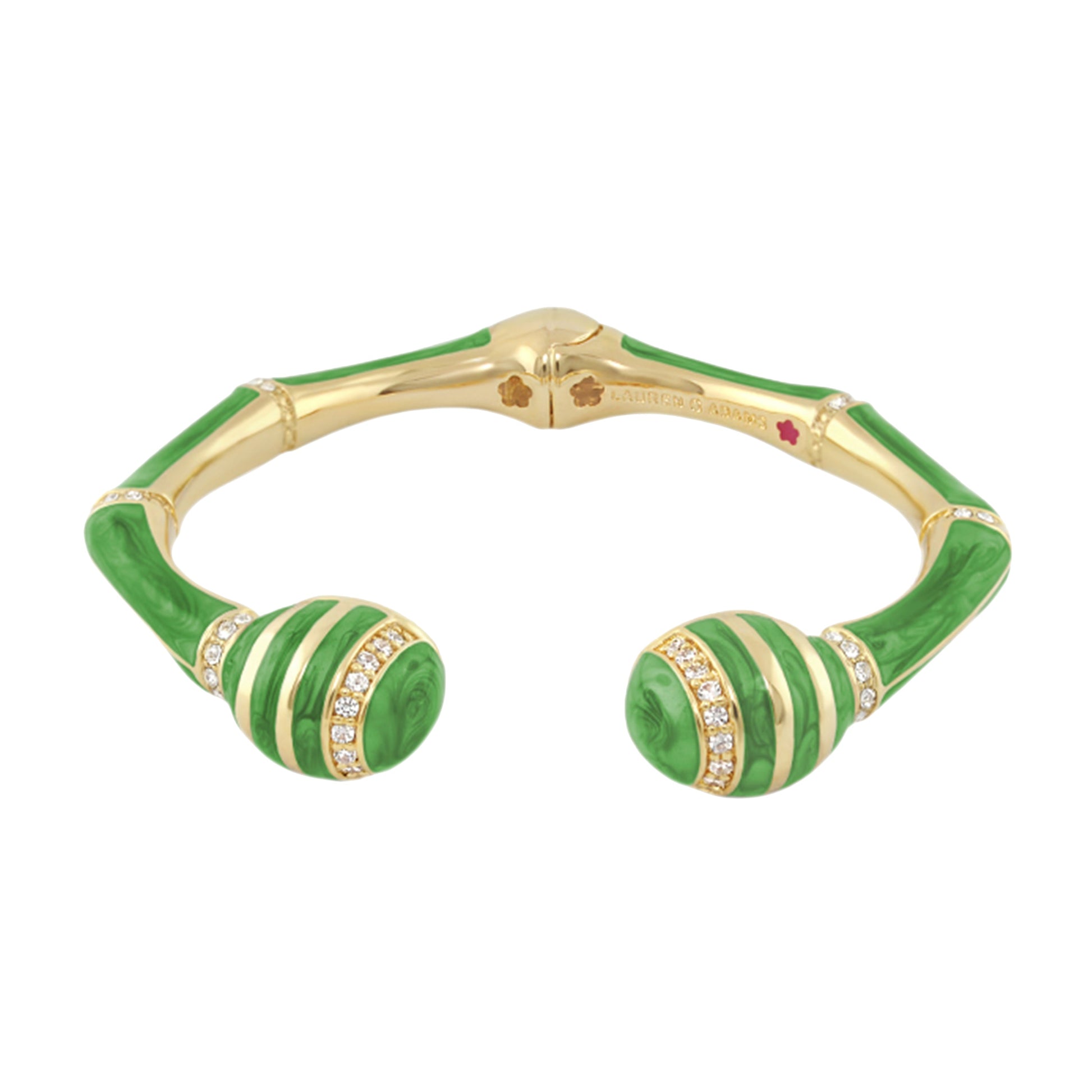 Bamboo Striped Hinged Bangle by Lauren G Adams in green enamel with gold bands and diamonds on Tampa Home & Garden Store