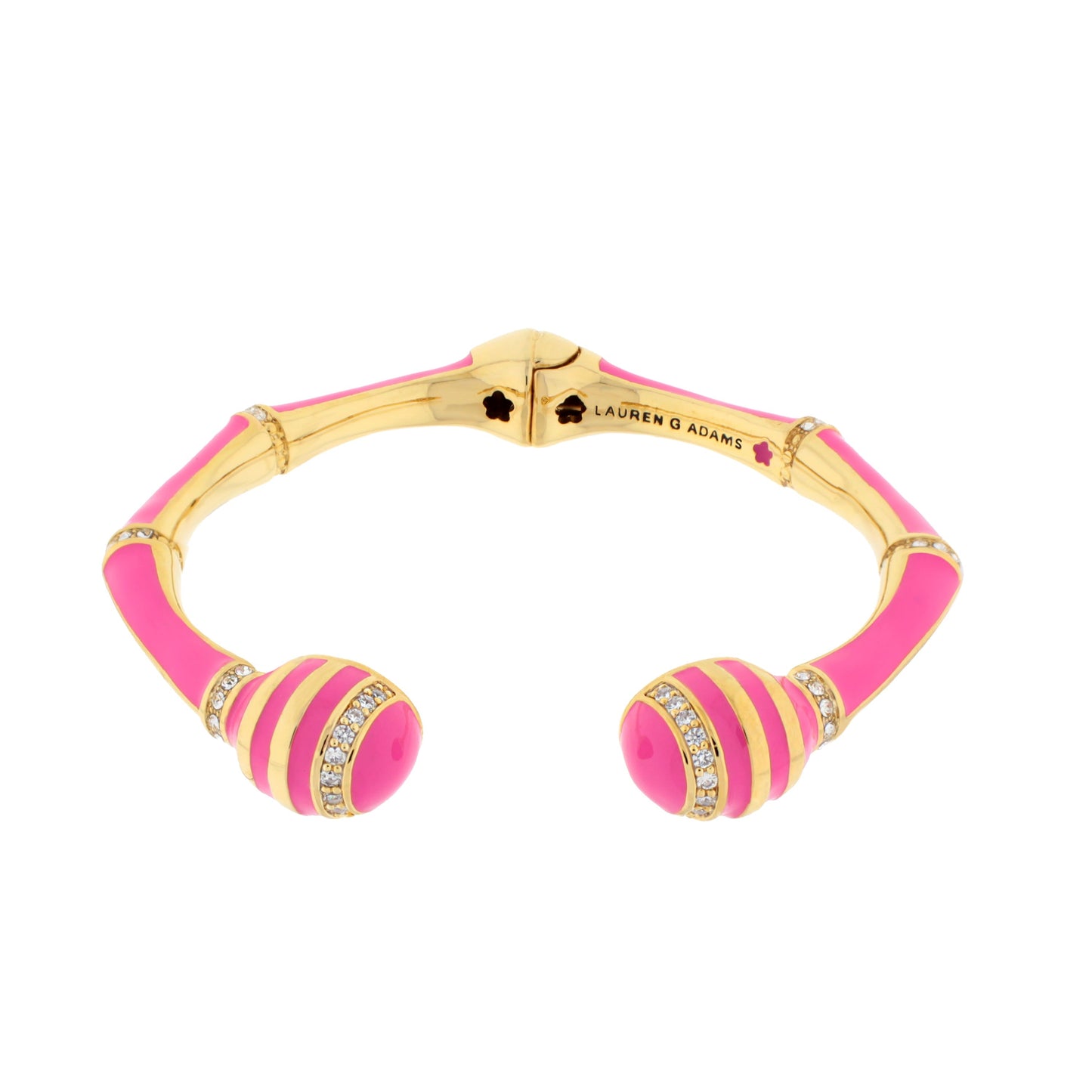 Bamboo Striped Hinged Bangle by Lauren G Adams, gold-tone with pink enamel and crystals on Tampa Home & Garden Store