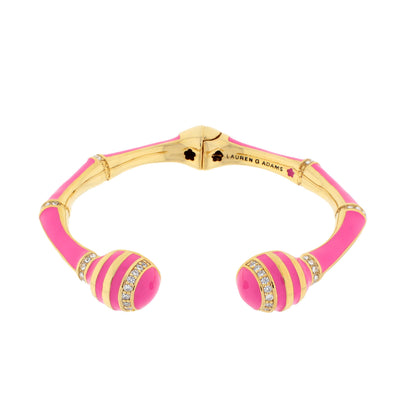 Bamboo Striped Hinged Bangle by Lauren G Adams, gold-tone with pink enamel and crystals on Tampa Home & Garden Store