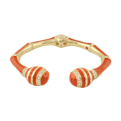 Bamboo Striped Hinged Bangle by Lauren G Adams, gold with red enamel stripes and crystals on Tampa Home & Garden Store
