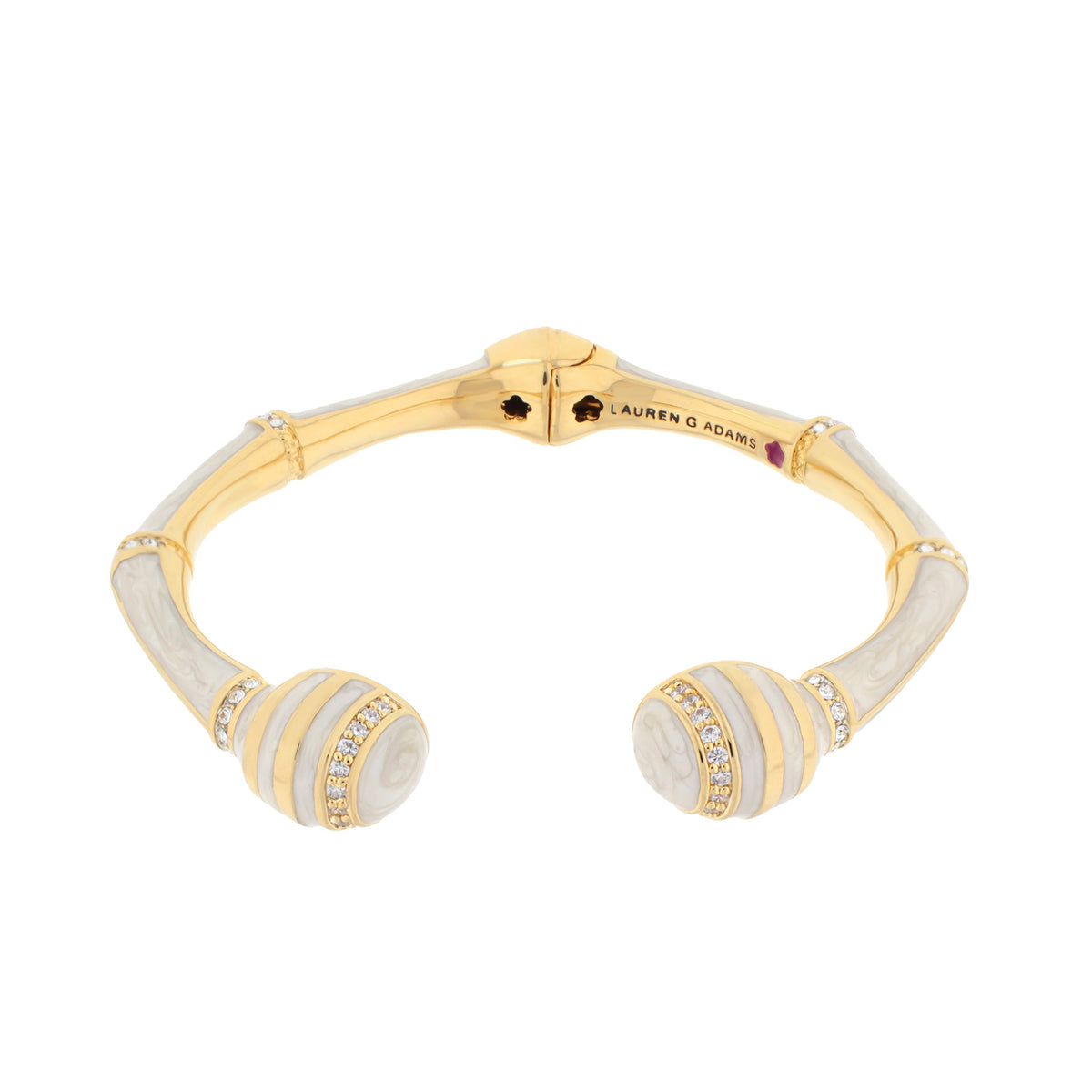 Bamboo striped hinged bangle gold tone with white inlays and crystals by Lauren G Adams on Tampa Home & Garden Store