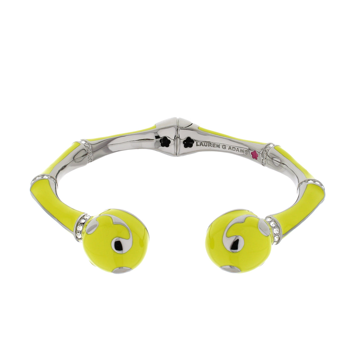 Bamboo Scroll Hinged Bangle with neon yellow enamel on silver-tone panels, Lauren G Adams engraving on Tampa Home & Garden Store